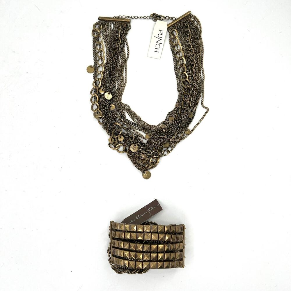 Punch women’s gold tone fashion jewelry necklace and cuff bracelet